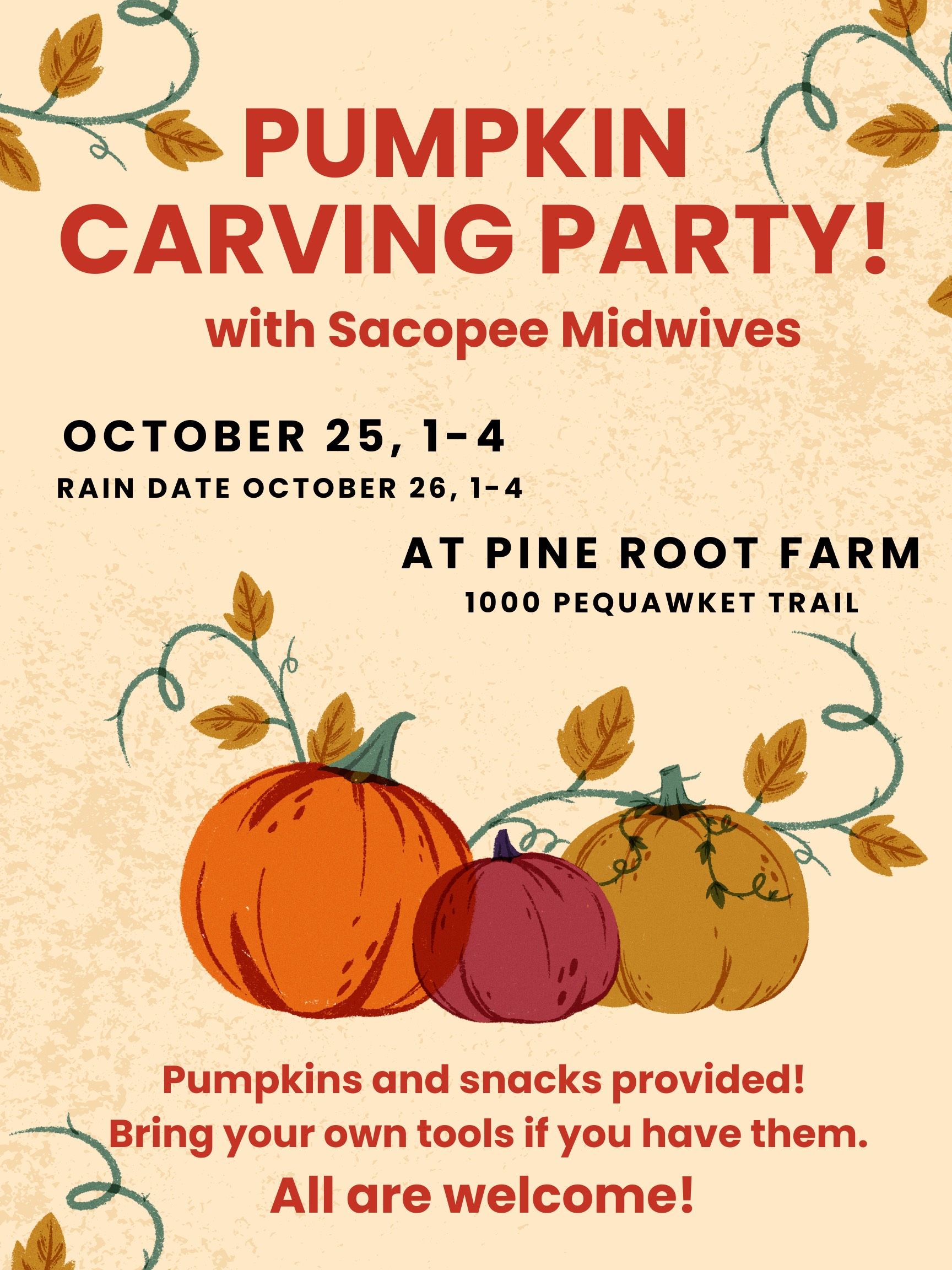 Invitation to pumpkin carving party. Three colorful pumpkins with fall colors.